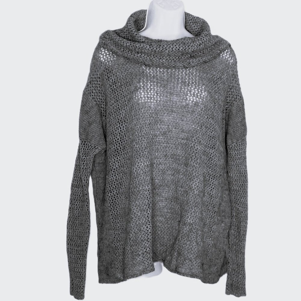 Joan Vass Studio Sweater Gray Cowl Neck Oversized Open Knit 3/4 Sleeve Sz S / M